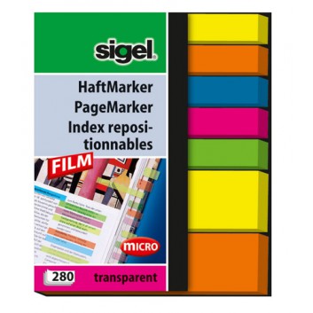  Sigel Haftmarker Micro + Mini; 50 x 63 mm; 5 Farben sortiert; aus reißfester Folie; Standard, ablösbar; 5 Blöcke á 40 u. 2 Blöcke á 40 Blatt 