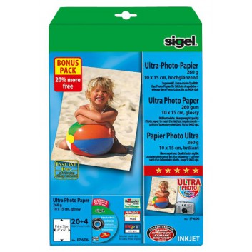  Sigel Inkjet Fotopapier Ultra; superweiß; 10 x 15 cm; 260 g/qm; hochglänzend; Inkjetdrucker; hohe UV- und Lichtbeständigkeit 