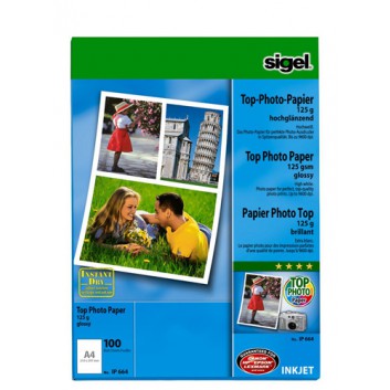  Sigel Inkjet Fotopapier Top; hochweiß; DIN A4; 125 g/qm; hochglänzend; Inkjetdrucker; sofort trocken und wischfest 