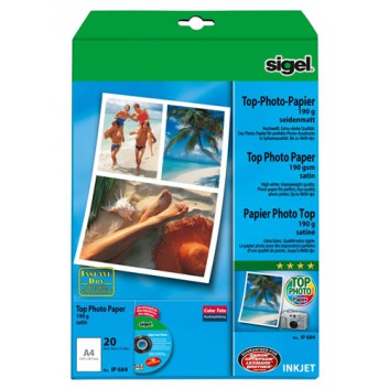  Sigel Inkjet Fotopapier Top; hochweiß; DIN A4; 190 g/qm; seidenmatt; Inkjetdrucker; sofort trocken und wischfest 