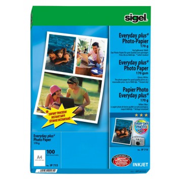  Sigel Inkjet Fotopapier Everyday; weiß; DIN A4; 170 g/qm; hochglänzend; Inkjetdrucker; sofort trocken und wischfest 