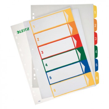 LEITZ Zahlenregister 1 - 6; transparent, farbig; 245 x 305 mm (für DIN A4+, Überbreite); Zahlen 1-6; PP-Folie; Eurolochung; 6 Blatt; bedruckbar 