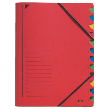  LEITZ Ordnungsmappe; rot; für DIN A4; Primärkarton; 12 Unterteilungen; mit Gummizugverschluß; mit farbigen Greifausschnitten 