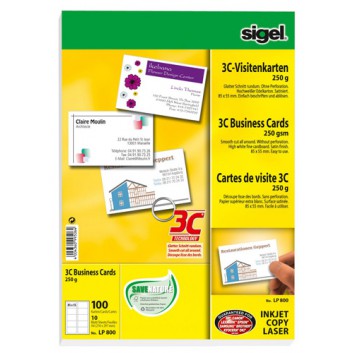  Sigel Visitenkarten 3C; hochweiß; 250 g/qm; satiniert; glatter Schnitt rundum, ohne Perforation; Inkjet-, Laserdrucker und Kopierer 